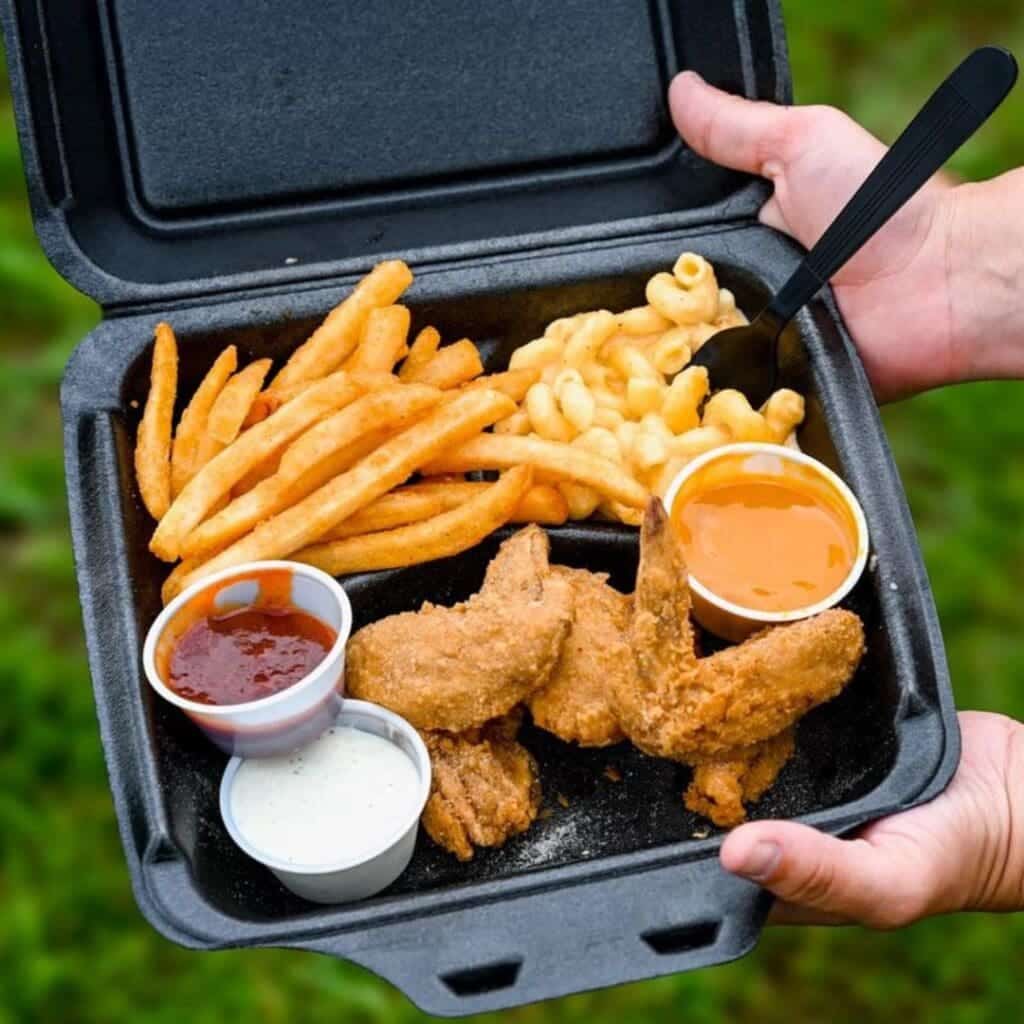 A to go box of chicken tenders from Taesty's