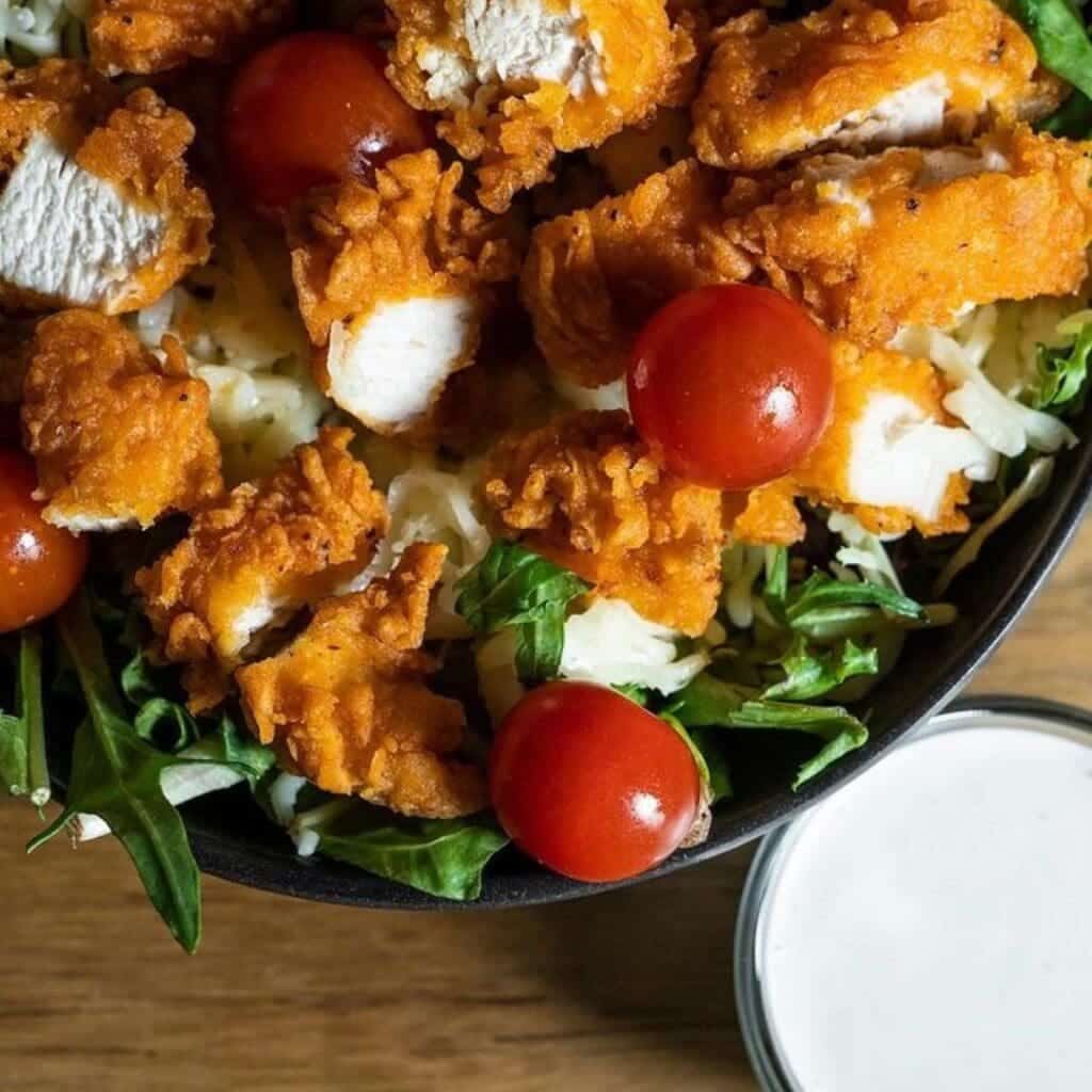 A salad topped with tomato and fried chicken from Just Chicken