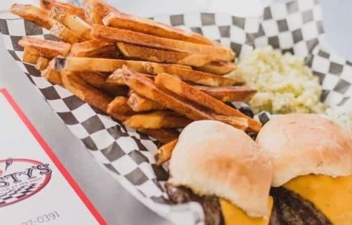 mini burgers and a side of fries from Taesty's